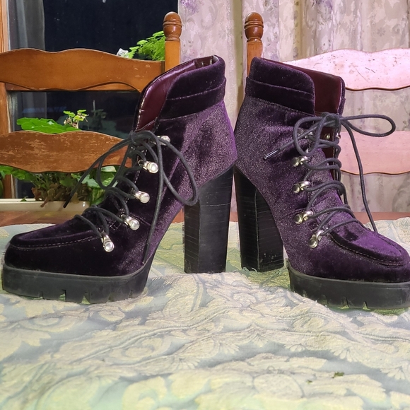 Velvet Platform Ankle Boots - Purple 6.5 Lace Up Bootie - Picture 3 of 11